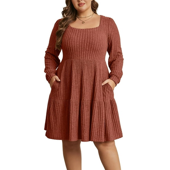 Cuteduck Women's Plus Size Fall Sweater Dress Long Sleeve Babydoll Dresses with Pocket, 1X-5X