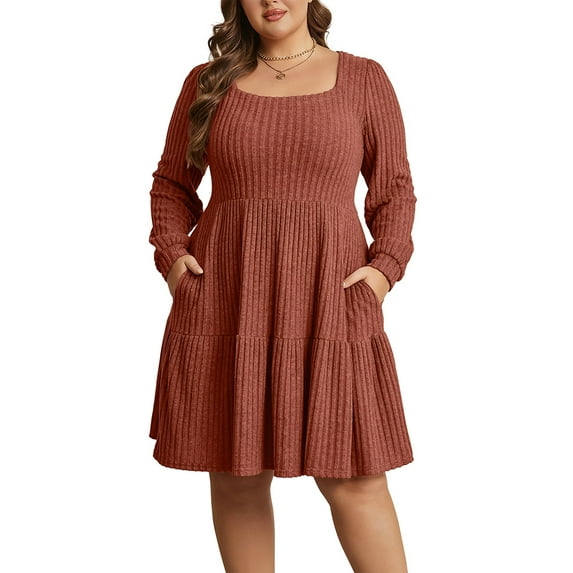 Cuteduck Women's Plus Size Fall Sweater Dress Long Sleeve Babydoll Dresses with Pocket, 1X-5X