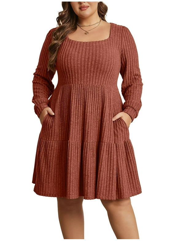 Women's Plus Size Fall Sweater Dress Long Sleeve Babydoll Dresses with Pocket, 1X-5X