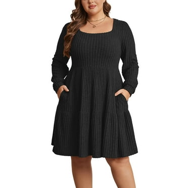 Cuteduck Women's Plus Size Fall Sweater Dress Long Sleeve Babydoll Dresses with Pocket, 1X-5X