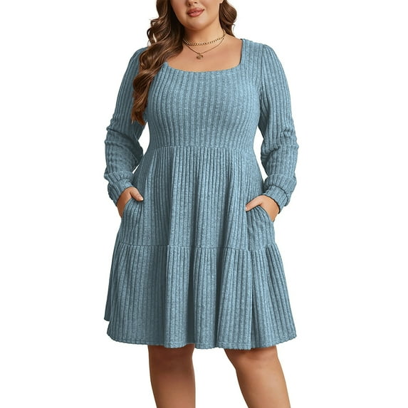 Cuteduck Women's Plus Size Fall Sweater Dress Long Sleeve Babydoll Dresses with Pocket, 1X-5X