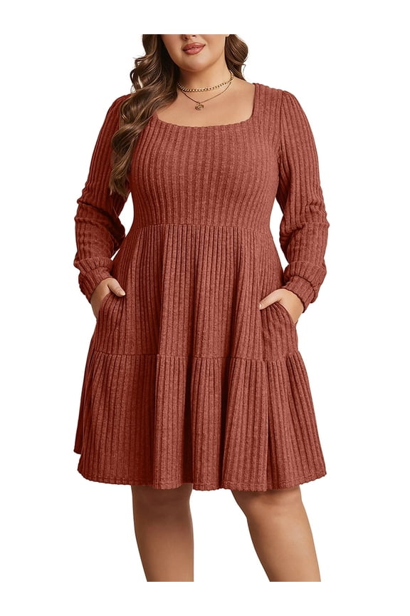 Women's Plus Size Fall Sweater Dress Long Sleeve Babydoll Dresses with Pocket, 1X-5X