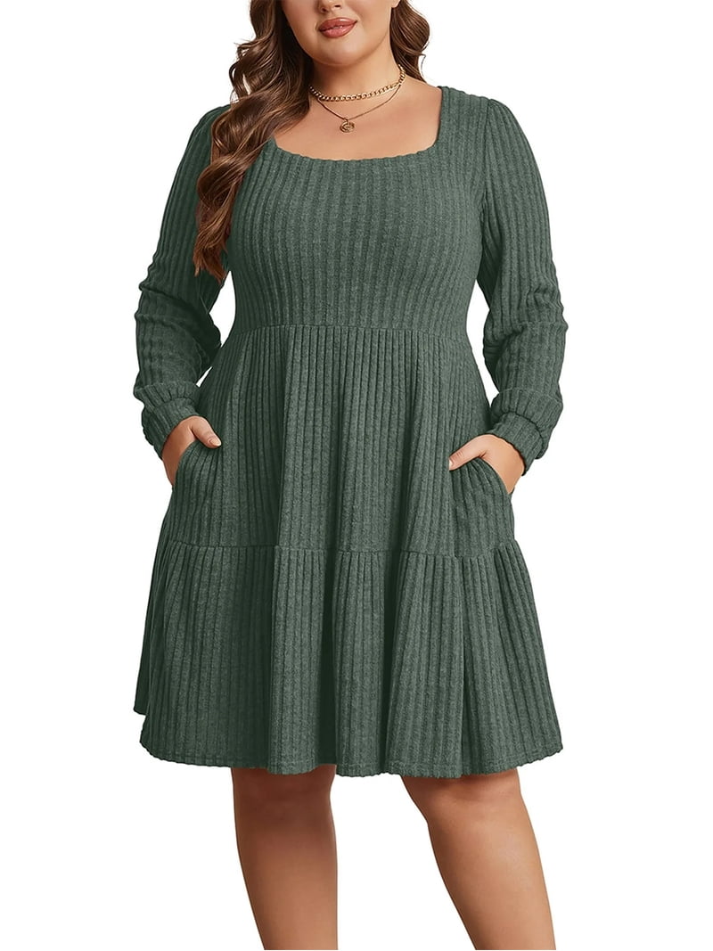Cuteduck Women's Plus Size Fall Sweater Dress Long Sleeve Babydoll Dresses  with Pocket, 1X-5X - Walmart.com
