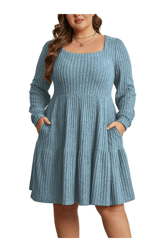 Women's Plus Size Fall Sweater Dress Long Sleeve Babydoll Dresses with Pocket, 1X-5X