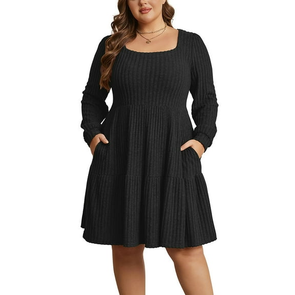 Cuteduck Women's Plus Size Fall Sweater Dress Long Sleeve Babydoll Dresses with Pocket, 1X-5X