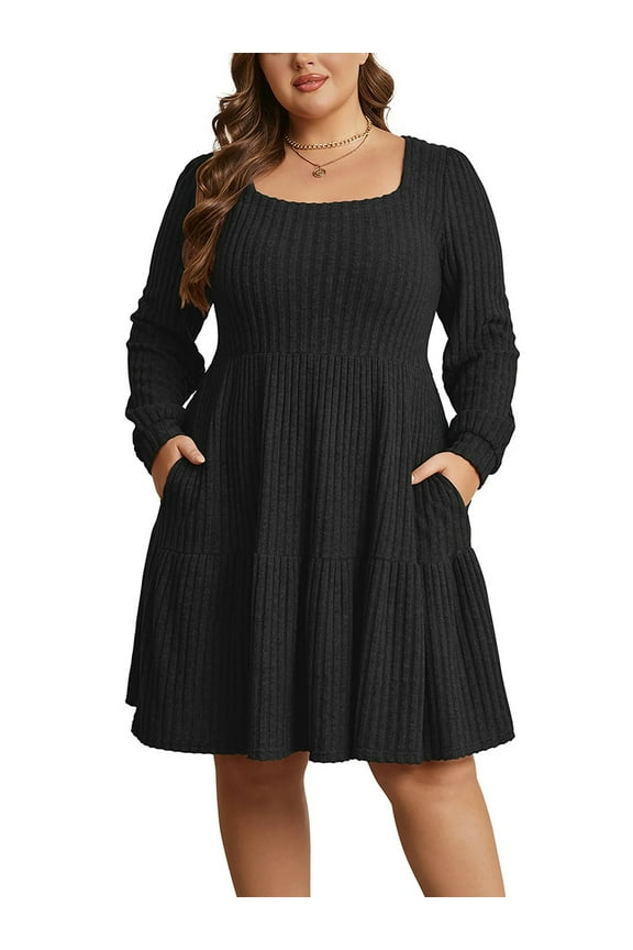 Women's Plus Size Fall Sweater Dress Long Sleeve Babydoll Dresses with Pocket, 1X-5X