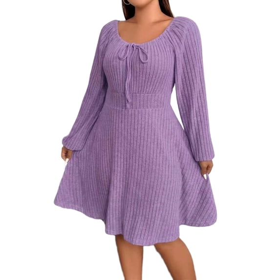 Cuteduck Women's Plus Size Knits Fall Spring Long Sleeve Round Neck Puff Sleeve with Bow Detail Fitted A-Line Solid Color Casual Comfortable Dress 1X-5X
