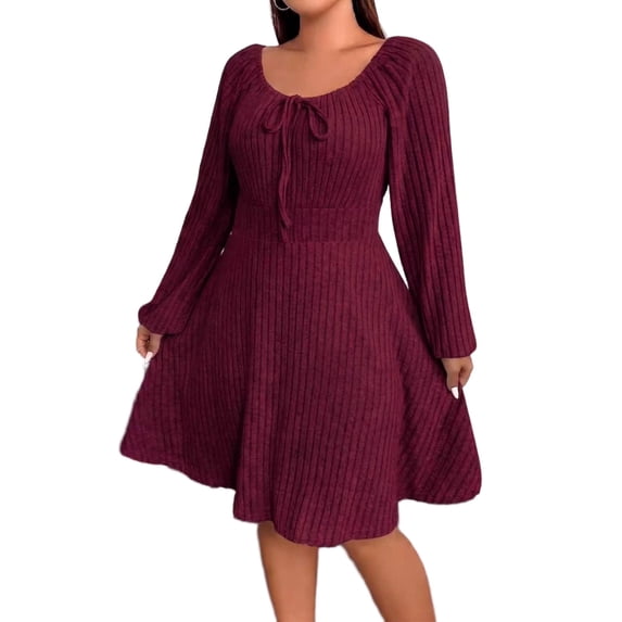 Cuteduck Women's Plus Size Knits Fall Spring Long Sleeve Round Neck Puff Sleeve with Bow Detail Fitted A-Line Solid Color Casual Comfortable Dress 1X-5X