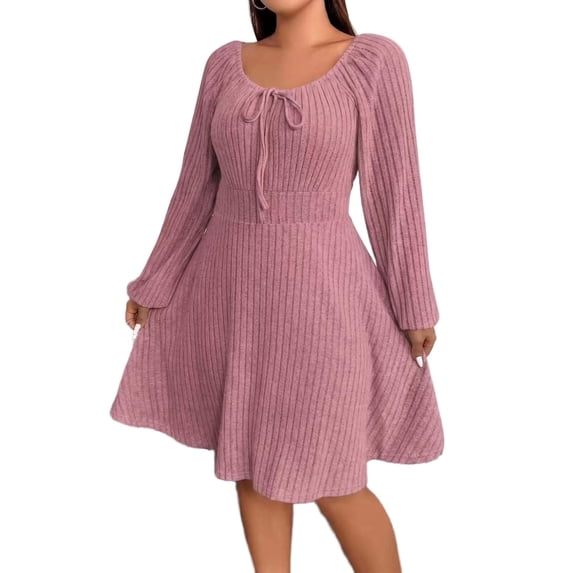 Cuteduck Women's Plus Size Knits Fall Spring Long Sleeve Round Neck Puff Sleeve with Bow Detail Fitted A-Line Solid Color Casual Comfortable Dress 1X-5X