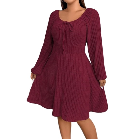 Cuteduck Women's Plus Size Knits Fall Spring Long Sleeve Round Neck Puff Sleeve with Bow Detail Fitted A-Line Solid Color Casual Comfortable Dress 1X-5X