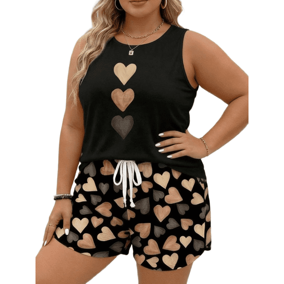 Cuteduck Women's Plus Size Outfit Sets Summer Sleeveless Crew Neck Loose Fit Casual Two Piece Lounge Suit with Pockets & Printed Pattern 1X-4X