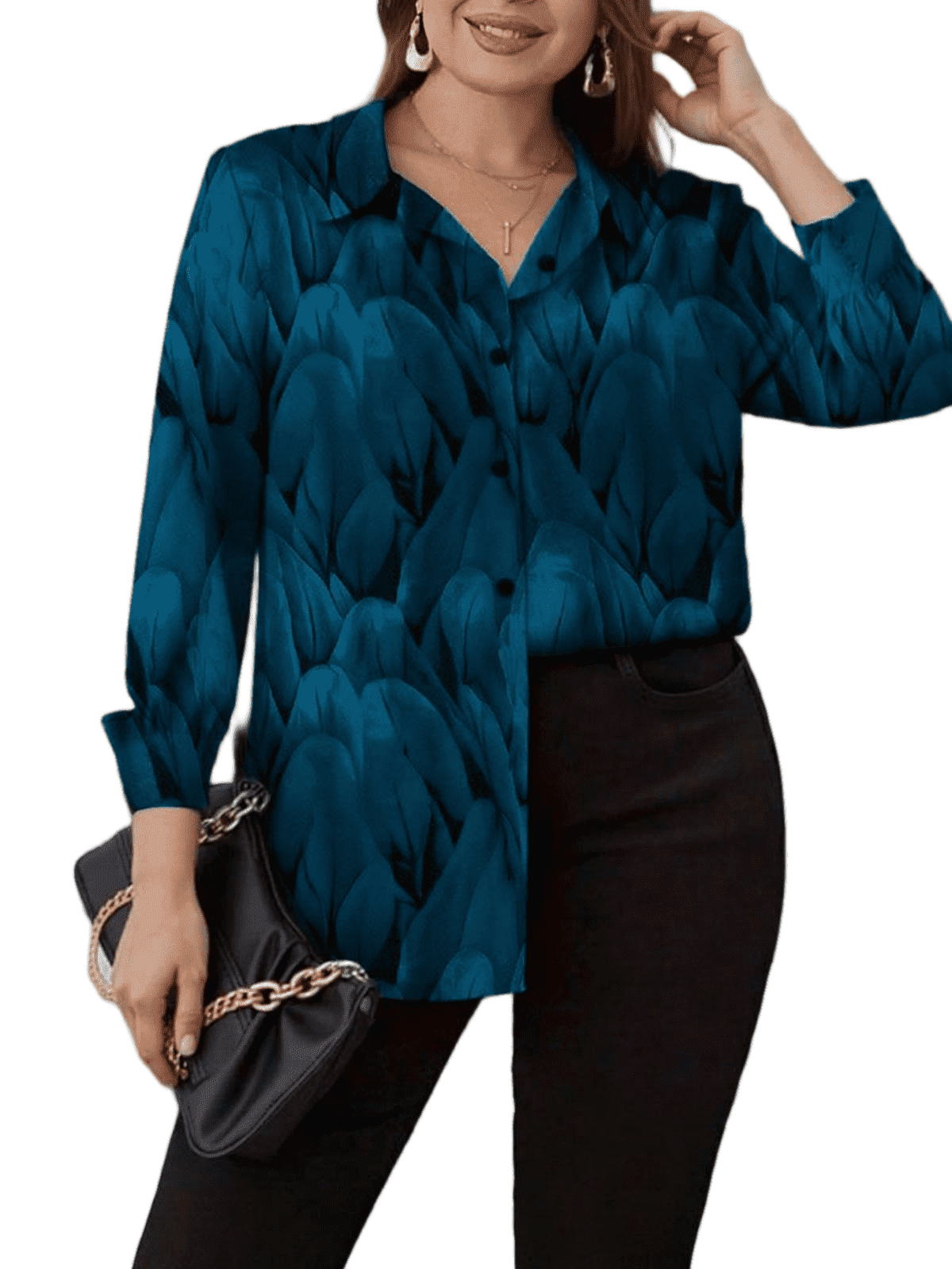 Large Turn Button Cuteduck Women’s Plus Size Printed Button Down Shirt Long Sleeve Turn ...