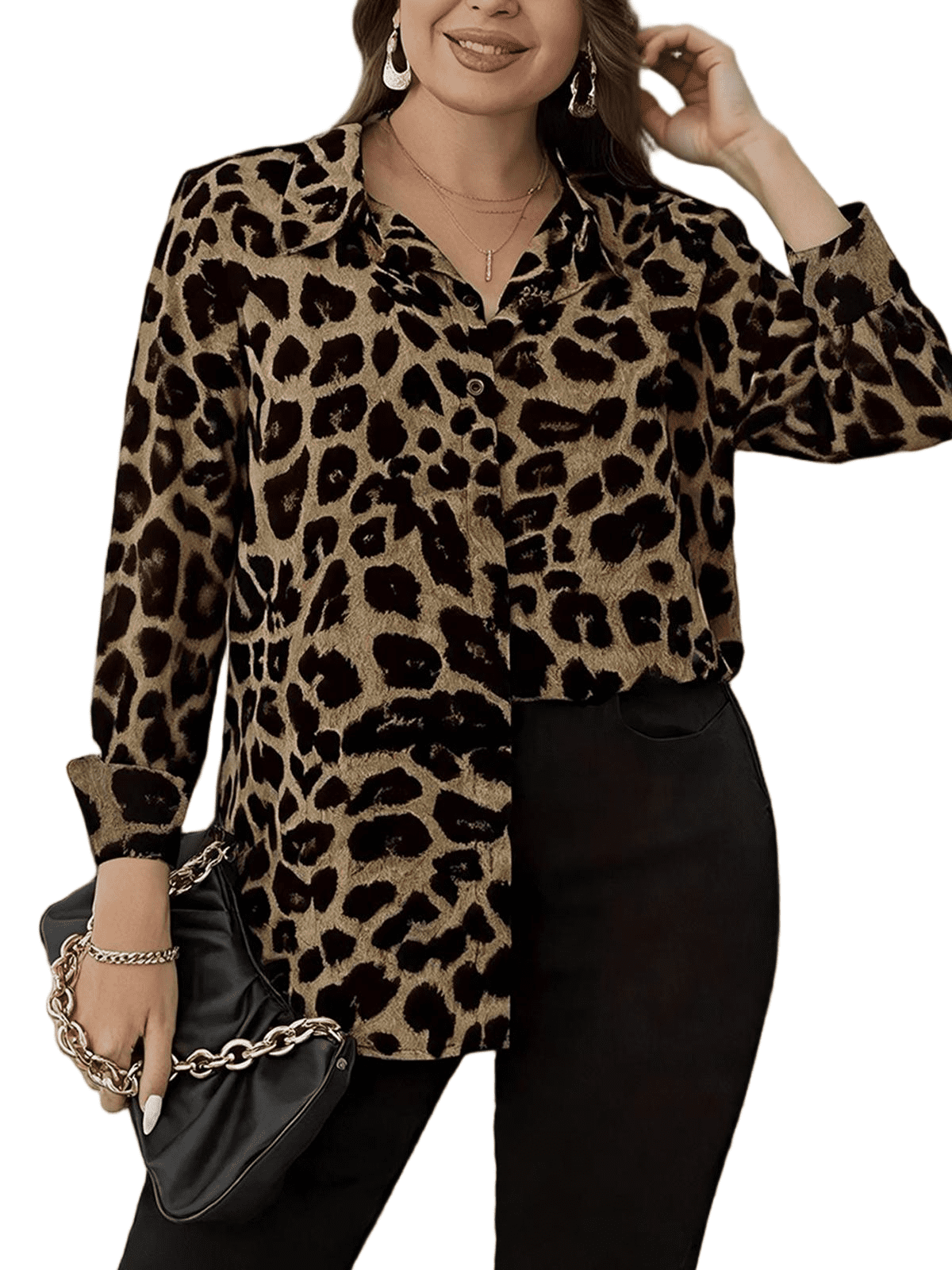 Large Turn Button Cuteduck Women’s Plus Size Printed Button Down Shirt Long Sleeve Turn ...