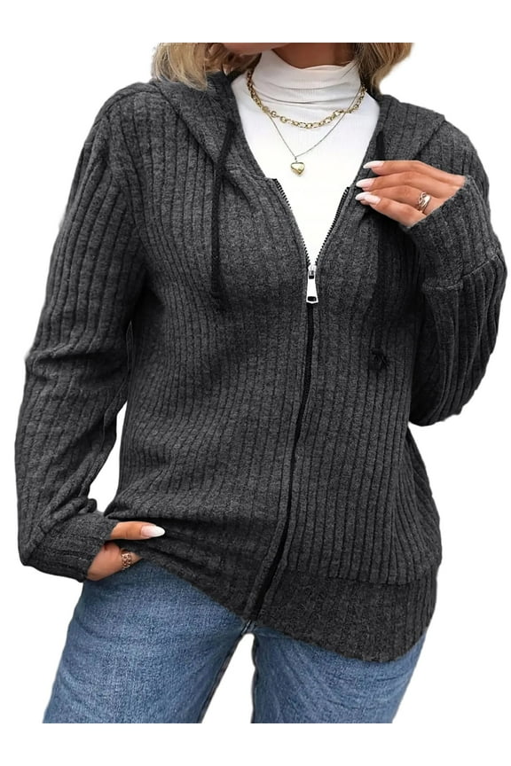 Women's Plus-Size Zip Up Knit Jacket Solid Color Long Sleeve String Hooded Fall/Winter Rib Cardigan 1X-4X