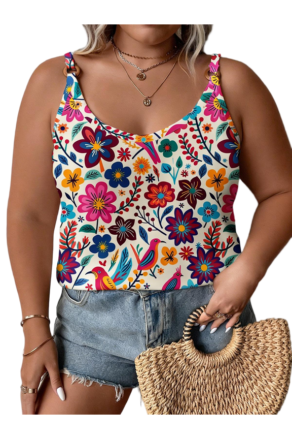 Women's Plus Size Summer Tank Tops Floral Print Sleeveless V Neck Loose Fit Casual Camisole 1X-4X