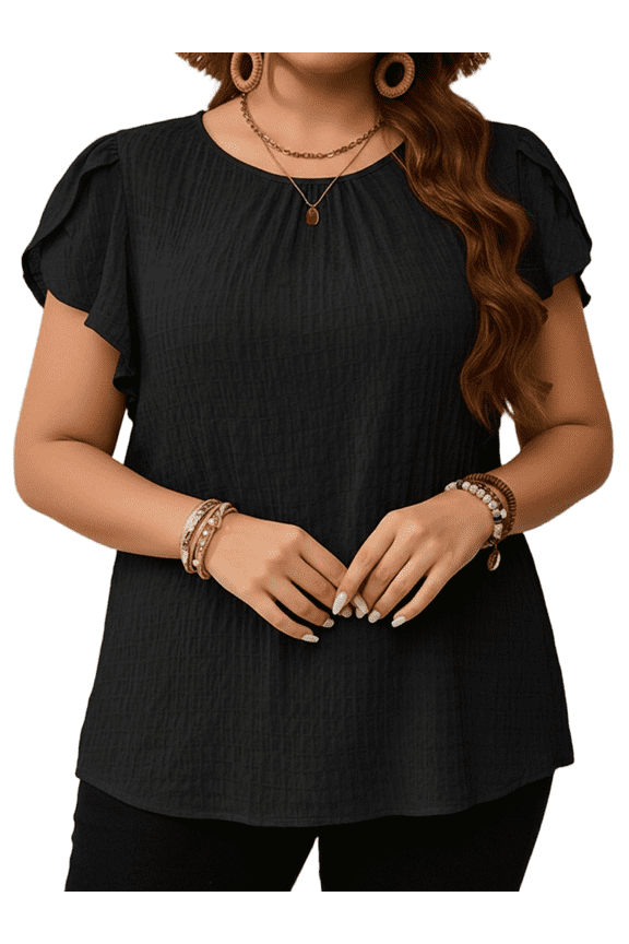Women's Plus Size Tops Summer Short Sleeve Round Neck Flutter Sleeve Texture Solid Color Casual Shirt 1X-5X