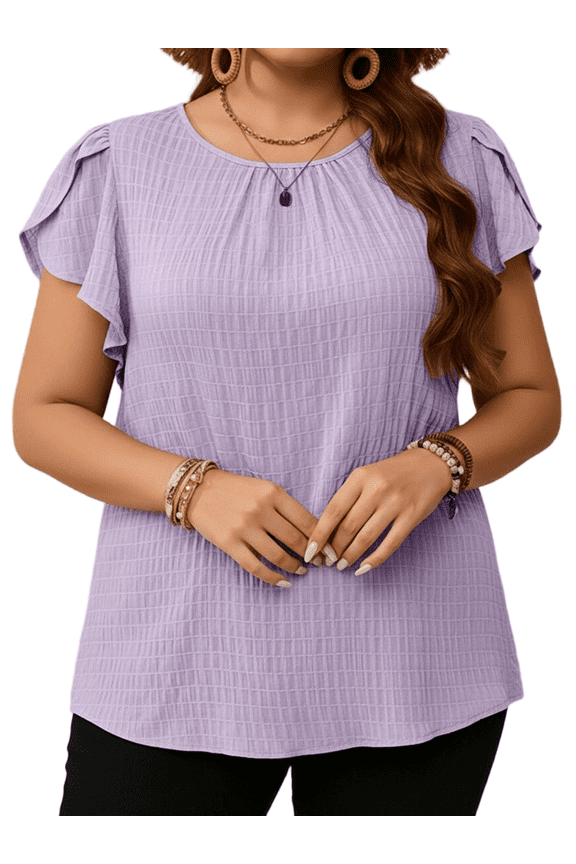 Women's Casual Blouses Round Neck Plus Size Basic Tops Short Cap Sleeve Textured Solid Color Shirt Elegant Blouse 1X-5X