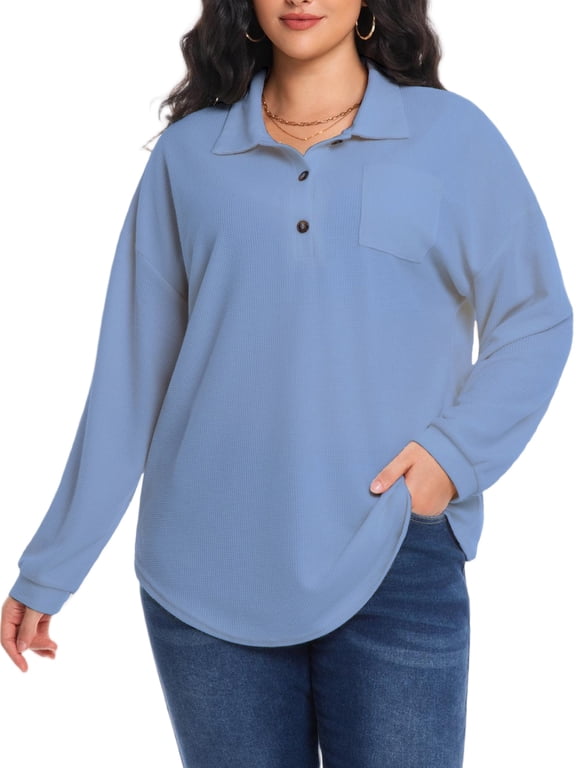 Women's Plus Size Waffle Knit Tops Henley Long Sleeve Fall Casual Shirts 1X-5X