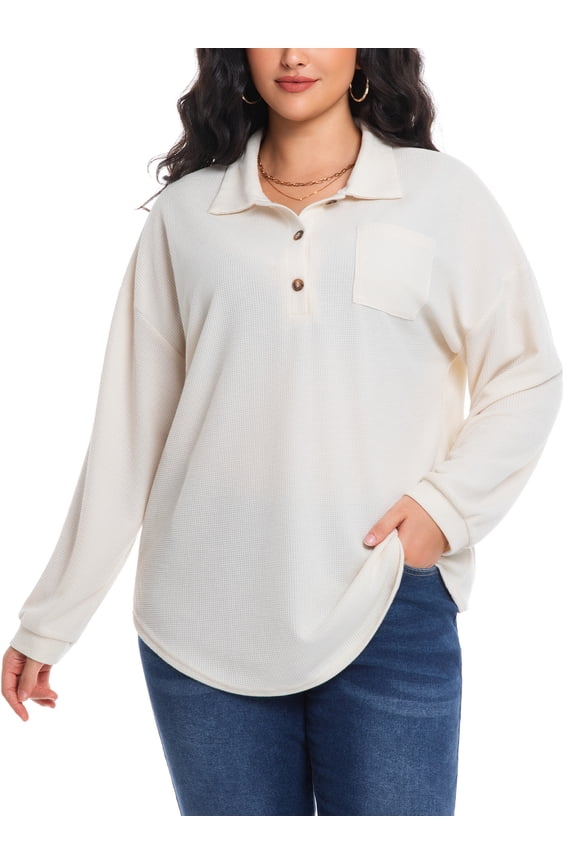 Women's Plus Size Waffle Knit Tops Henley Long Sleeve Fall Casual Shirts 1X-5X