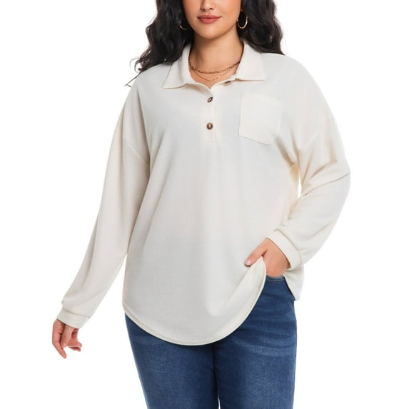 Cuteduck Women's Plus Size Waffle Knit Tops Henley Long Sleeve Fall Casual Shirts 1X-5X