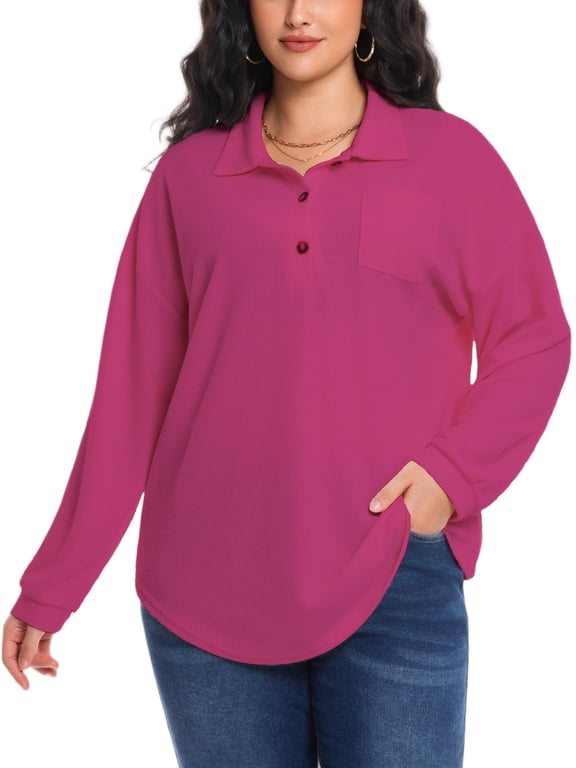 Women's Plus Size Waffle Knit Tops Henley Long Sleeve Fall Casual Shirts 1X-5X