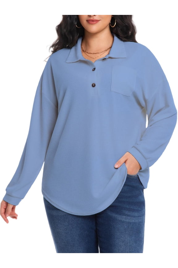 Women's Plus Size Waffle Knit Tops Henley Long Sleeve Fall Casual Shirts 1X-5X