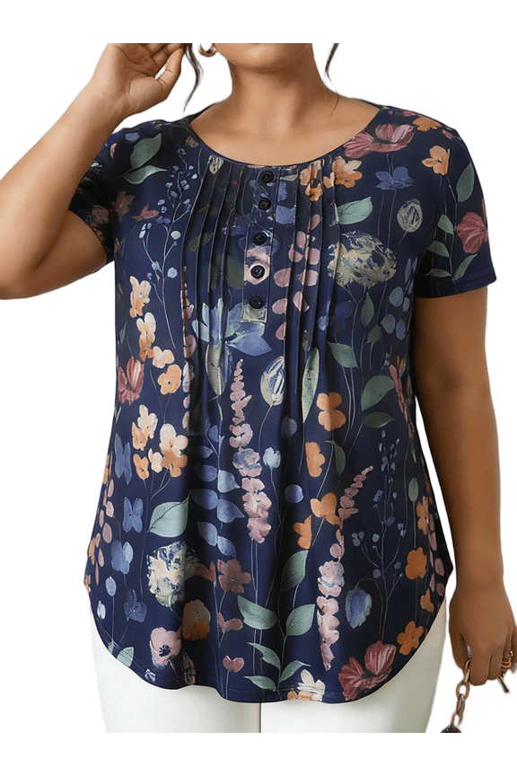 Women's Plus SizeShort Sleeve Floral Print Blouses Spring Summer Round Neck Loose Fit Casual Bohemian Shirts 1X-5X