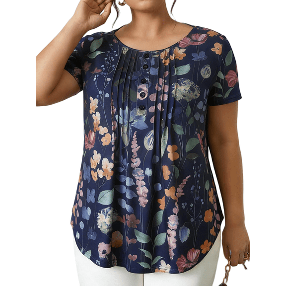 Cuteduck Women's Plus SizeShort Sleeve Floral Print Blouses Spring Summer Round Neck Loose Fit Casual Bohemian Shirts 1X-5X