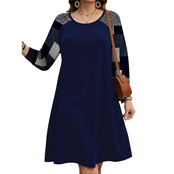 Cuteduck Women Plus Size Fall Plaid Dress Long Sleeve Round Neck Fashion A-Line Casual Midi Dress 1X-4X