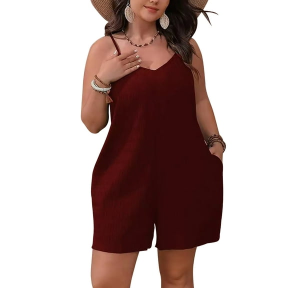 Cuteduck Women's Plus-size Casual Summer Halter Rompers Shorts Jumpsuit with Pockets 1X-4X