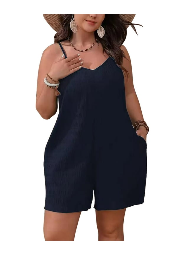 Women's Plus-size Casual Summer Halter Rompers Shorts Jumpsuit with Pockets 1X-4X