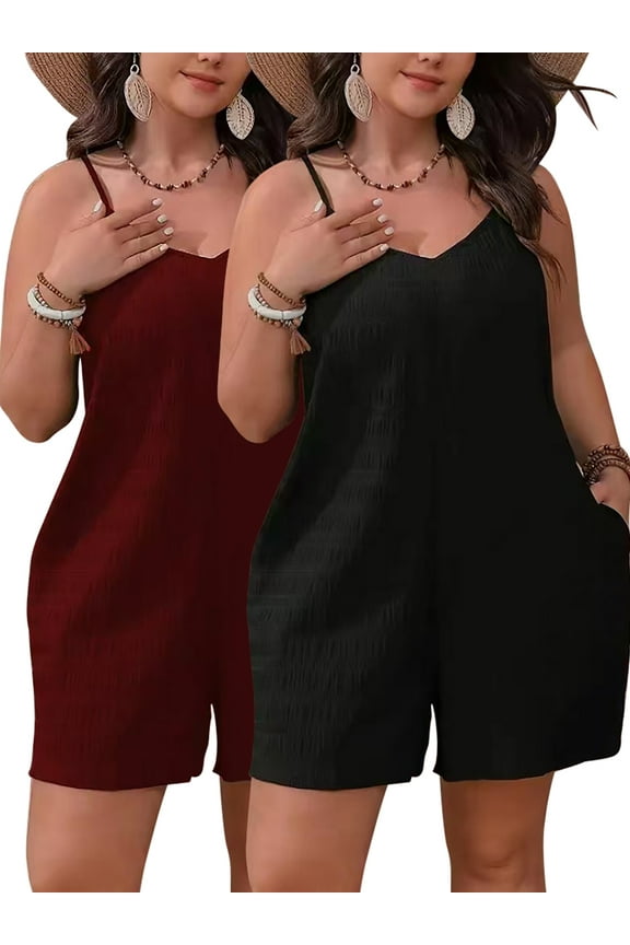 Women's Plus-size Casual Summer Halter Rompers Shorts Jumpsuit with Pockets,2-Pieces,1X-4X