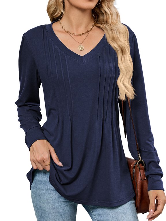 Women's Ribbed Knit V-Neck Tunic Top – Long Sleeve Relaxed Fit Vertical Texture Solid Color Mid-Length Pullover S-2X