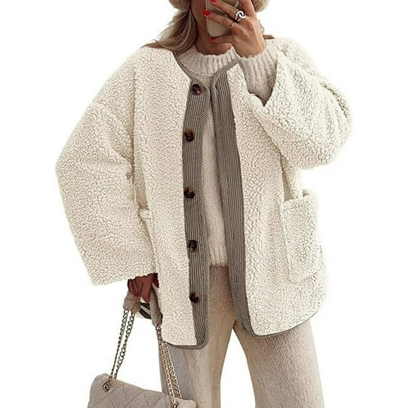 Cuteduck Women's Sherpa Jacket Warm Winter Casual Plush Lamb Coat S-2XL
