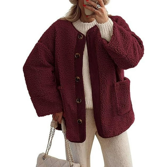 Cuteduck Women's Sherpa Jacket Warm Winter Casual Plush Lamb Coat S-2XL