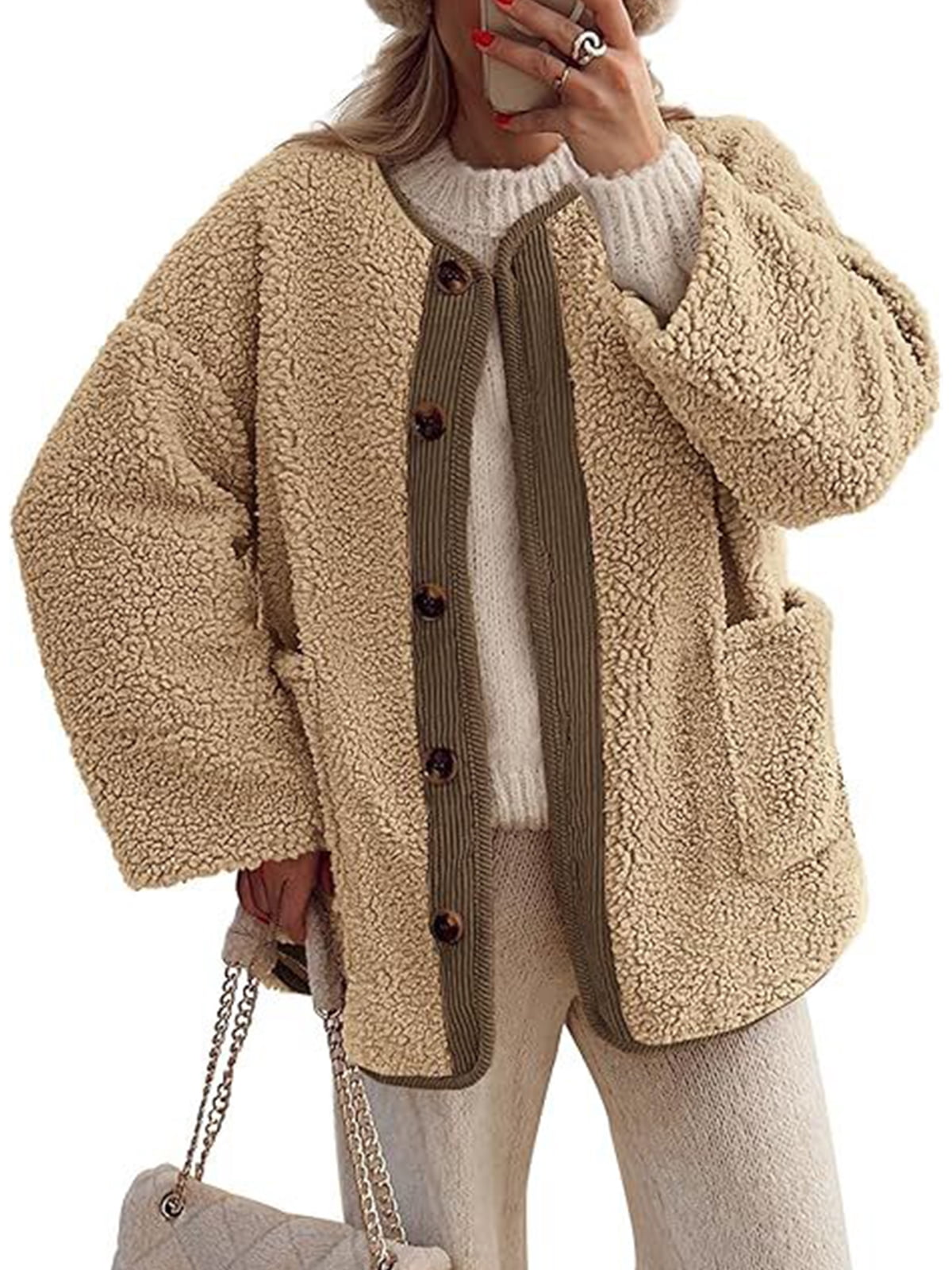 Women's Sherpa Jacket Warm Winter Casual Plush Lamb Coat S-2XL