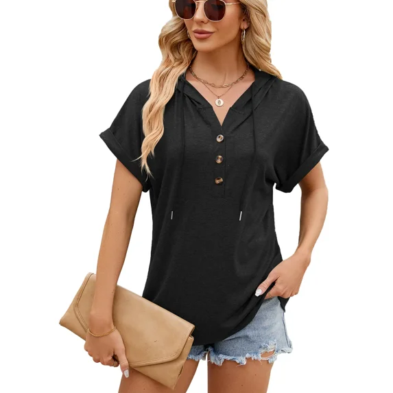 Cuteduck Women's Short Sleeve Tops Summer Casual Fashion Solid Color Loose Hooded Button Drawstring Short Sleeve T-Shirt Top, S-2XL