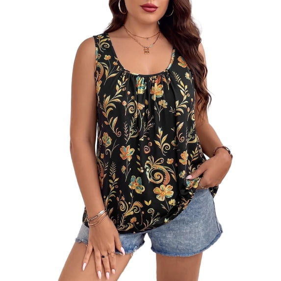 Cuteduck Women's Plus Size Boho Floral Tank Top - Casual Loose Fit Summer Cami 1X-5X