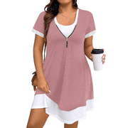 Cuteduck Women's Plus Summer Dress Short Sleeve U-Neck Color Block Tiered Half-Zipper Casual Frock 1X-5X