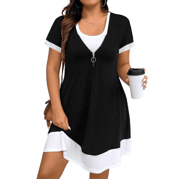Cuteduck Women's Plus Summer Dress Short Sleeve U-Neck Color Block Tiered Half-Zipper Casual Frock 1X-5X