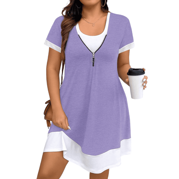 Cuteduck Women's Plus Summer Dress Short Sleeve U-Neck Color Block Tiered Half-Zipper Casual Frock 1X-5X
