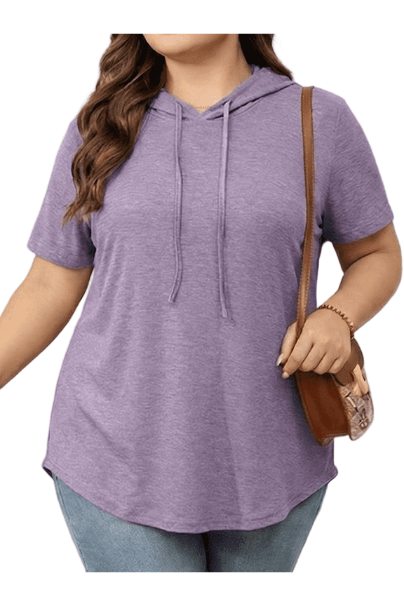 Plus Size Hoodies for Women Short Sleeve V Neck Pullover Drawstring Tops Loose Fit Casual Sweatshirts 1X-5X