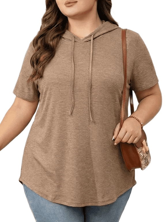 Plus Size Hoodies for Women Short Sleeve V Neck Pullover Drawstring Tops Loose Fit Casual Sweatshirts 1X-5X