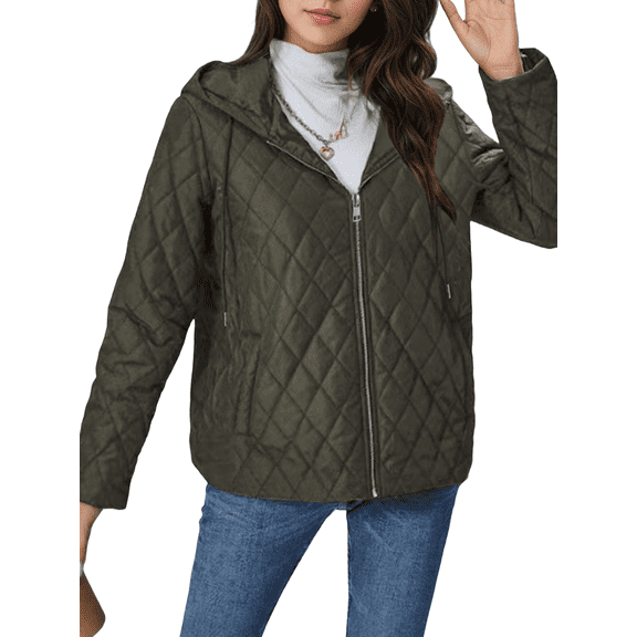 Cuteduck Women's Thick Diamond Quilted Puffer Jacket, Heavyweight Hooded Cropped Puffer Coat with Fixed Hood, Open Hand Pockets, Warm Winter Casual Quilted Bomber Outerwear S-2XL