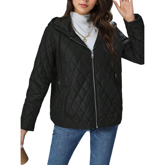 Cuteduck Women's Thick Diamond Quilted Puffer Jacket, Heavyweight Hooded Cropped Puffer Coat with Fixed Hood, Open Hand Pockets, Warm Winter Casual Quilted Bomber Outerwear S-2XL