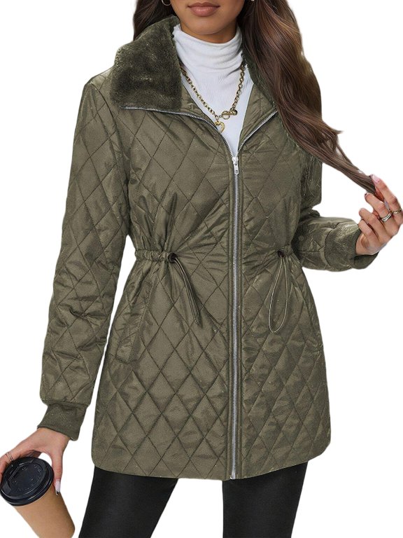 Women's Thick Diamond Quilted Puffer Jacket, Heavyweight Hooded Cropped Puffer Coat with Fixed Hood, Open Hand Pockets, Warm Winter Casual Quilted Puffer Jacket S-2XL