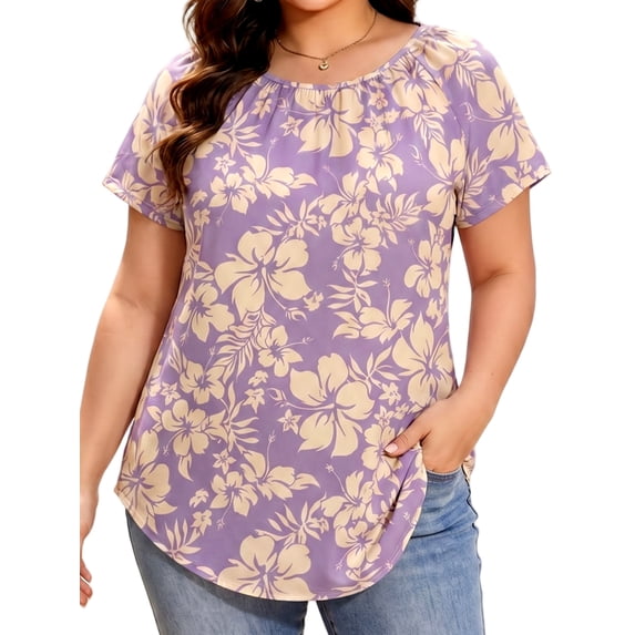 Cuteduck Women Plus Size Tops Short Sleeve Shirts Casual Floral Print Chiffon Blouses Loose Flowy Crewneck Pleated Top(1X-5X)