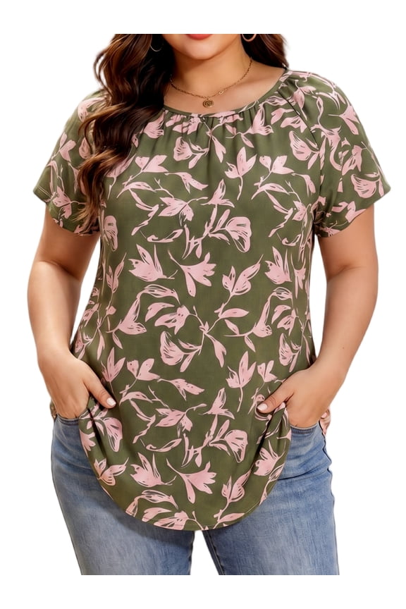 Women Plus Size Tops Short Sleeve Shirts Casual Floral Print Chiffon Blouses Loose Flowy Crewneck Pleated Top(1X-5X)