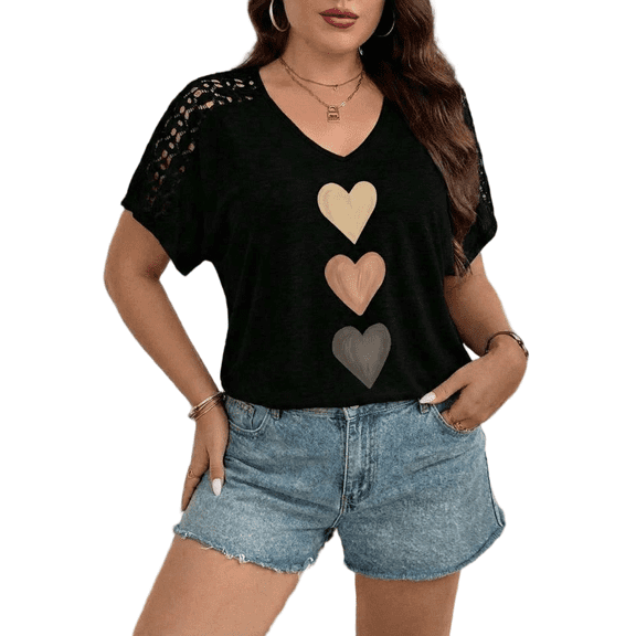 Cuteduck Women's Tops Summer Short Sleeve V-Neck Plus Size One-Sleeve Lace Three-Color Gradient Heart Print Casual Chic Blouses 1X-4X