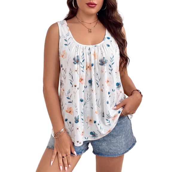 Cuteduck Women's Summer Ditsy Floral BohoTank Top Plus Size Round Neck Loose Fit Casual Sleeveless Shirt with Pockets 1X-5X